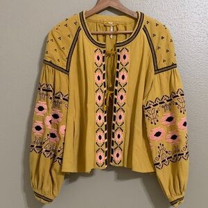 Free People Women’s Mustard Pink‎ Embroidered Linen Blend Blouse Jacket M